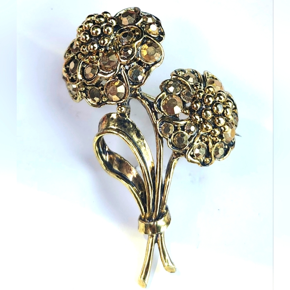Vtg 1951 Holly Craft Hollycraft Gold Tone Faceted Flowers Pin Brooch
